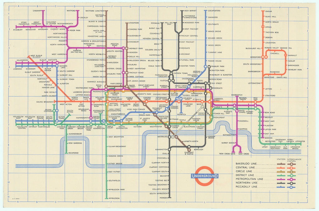 Underground Diagram of Lines and Station Index: Beck, 1957