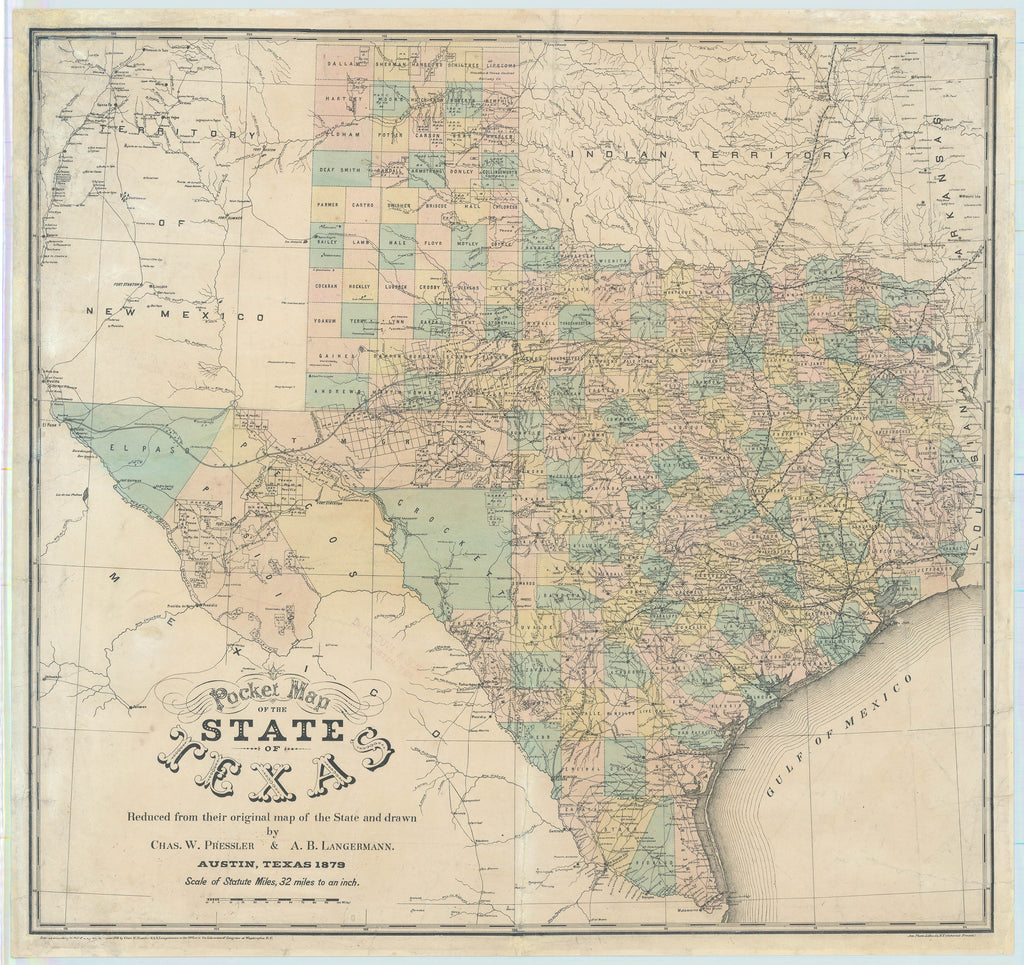 Pocket Map of the State of Texas: Pressler & Langermann, 1879