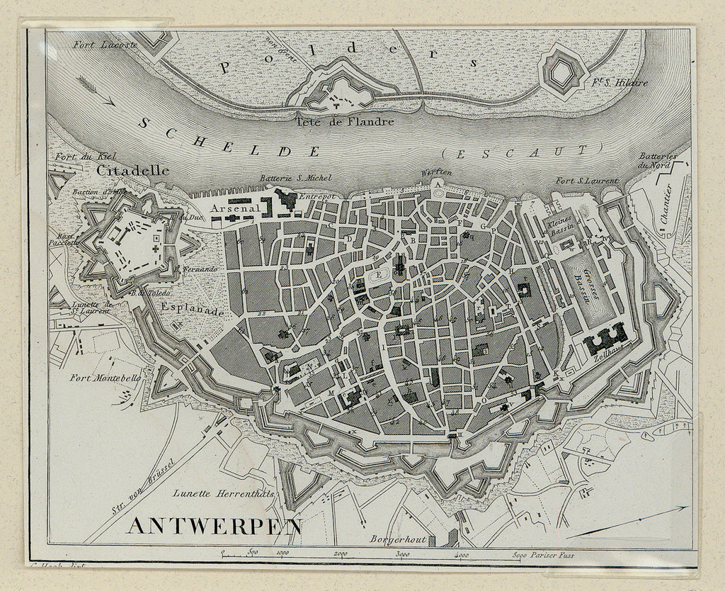 Old map of Antwerp, Belgium