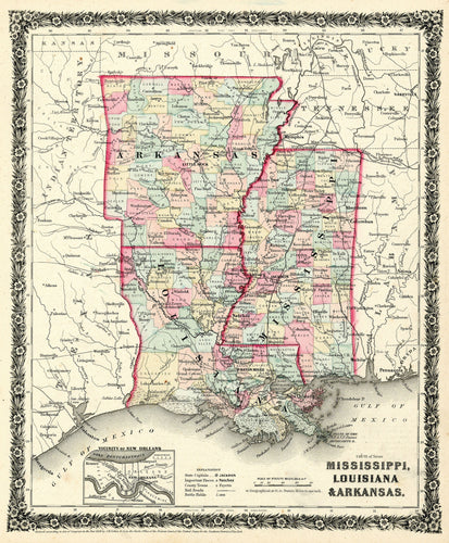 Old map of Louisiana, Arkansas, and Mississippi