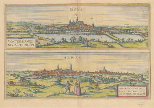 Old map of Mons and Arras, Belgium