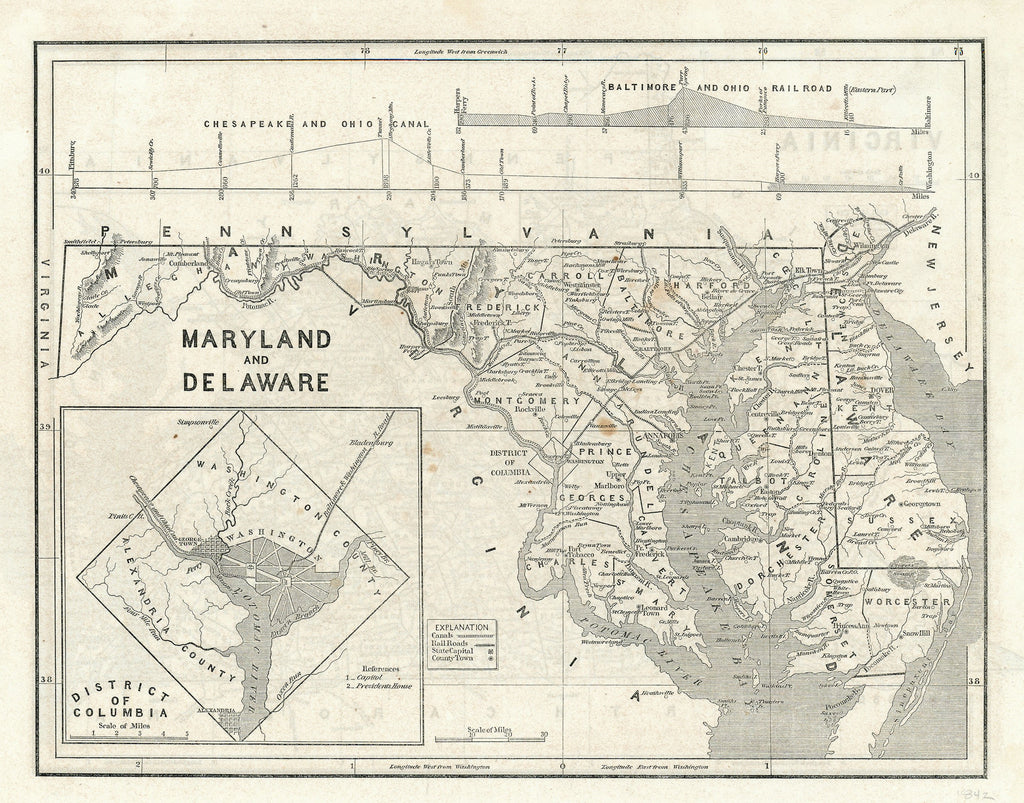 Old map of Maryland, Delaware, and Washington, D. C.