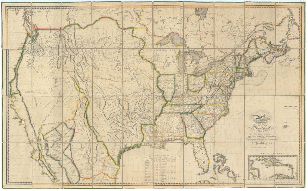 An old antique  historical map of the United States from 1816 by John Melish, showing the contiguous British and Spanish possessions, offered at theantiquarium.com