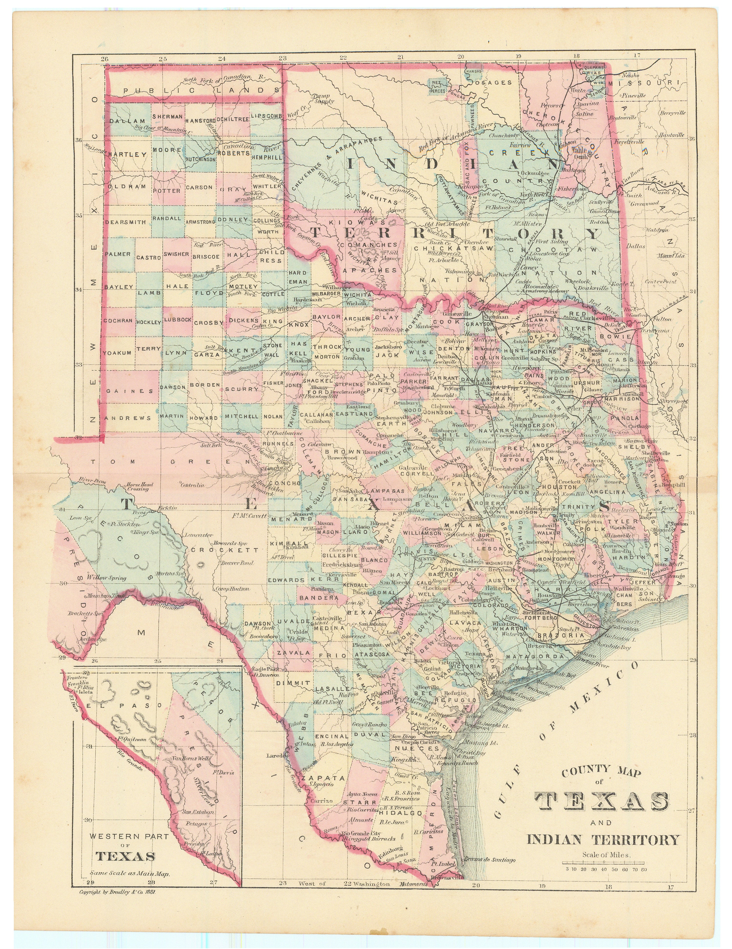 County Map Of Texas And Indian Territory: Bradley & Co., 1881 – The 