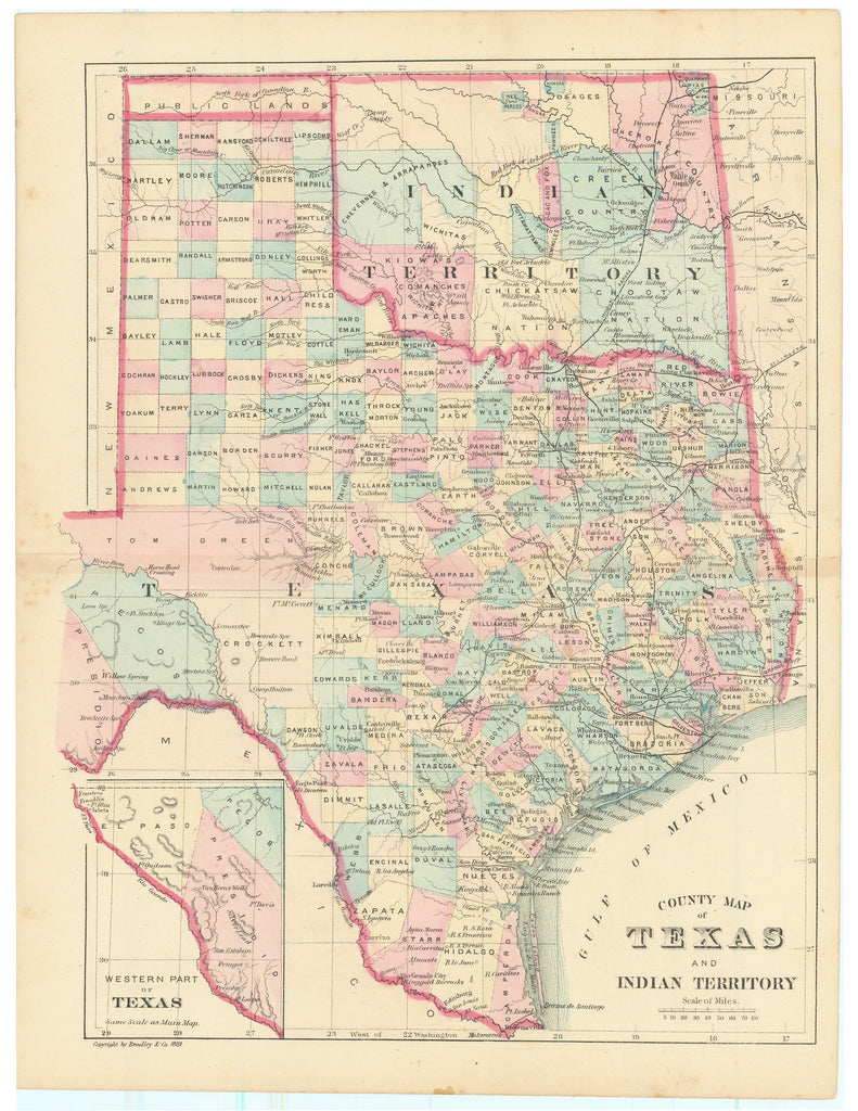 County Map of Texas and Indian Territory: Bradley & Co., 1881