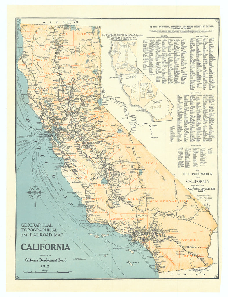 Geographical, Topographical and Railroad Map of California: California Development Board, 1912