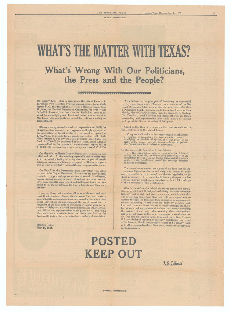 J.S. Cullinan Anti-Prohibition Broadside: The Houston Press, 1928