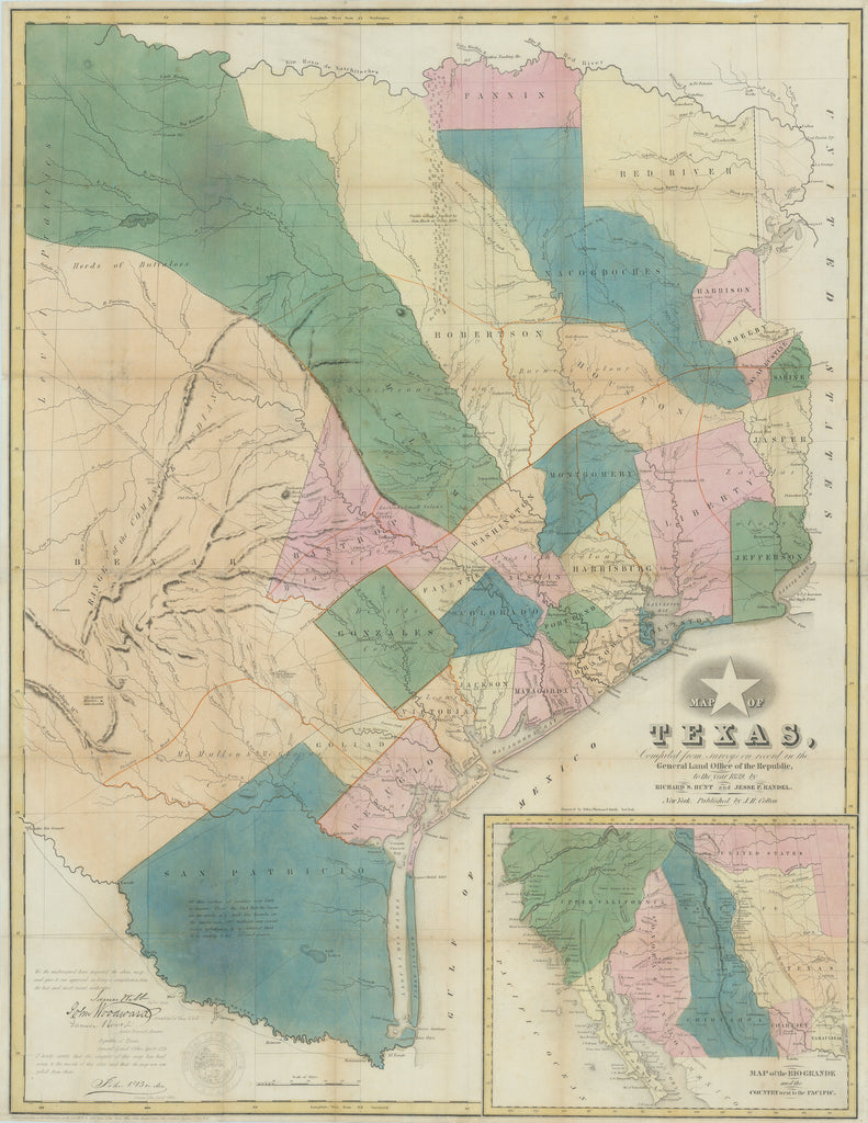 Map of Texas, Compiled from Surveys on record in the General Land Office of the Republic...: Hunt & Randel, 1839