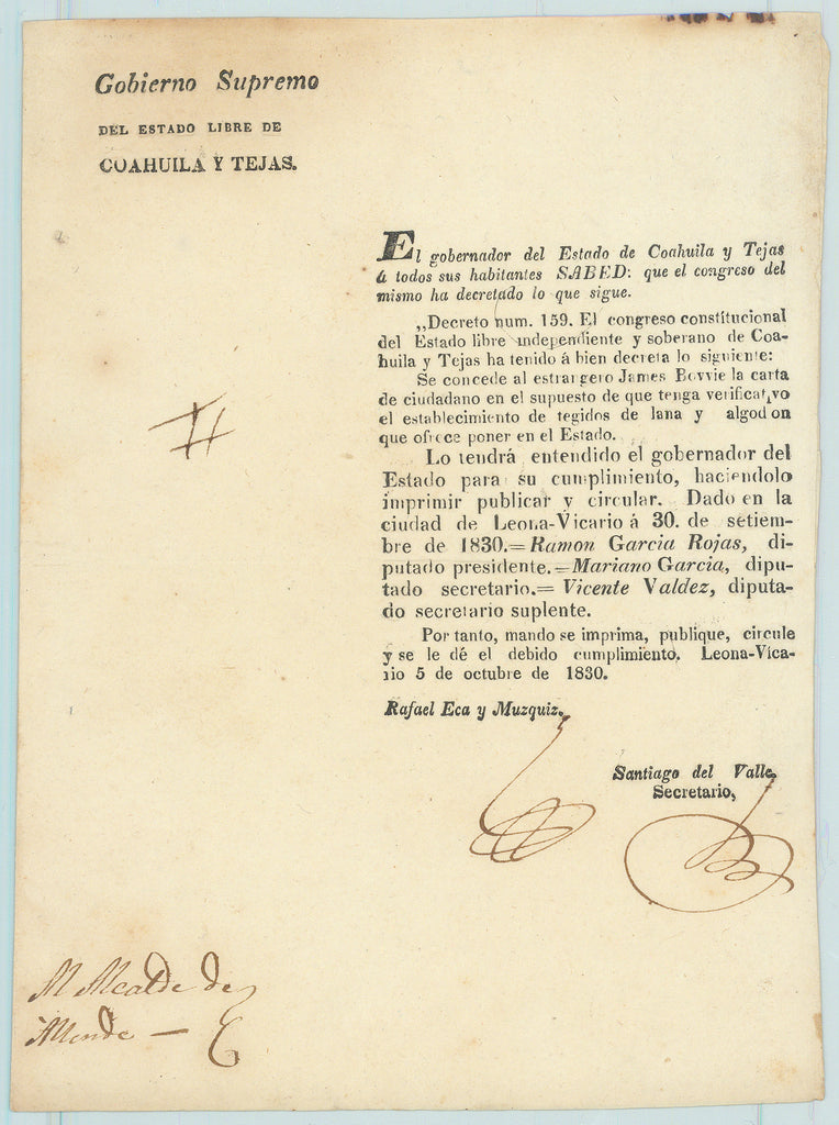 Legal Decrees Granting Citizenship to James Bowie: The Congress of the State of Coahuila and Texas, 1830