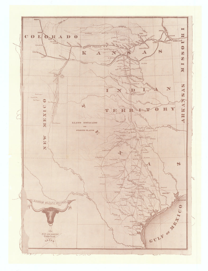 Guide Map of the Great Texas Cattle Trail: Kansas Pacific Railway, 1874 [1955]