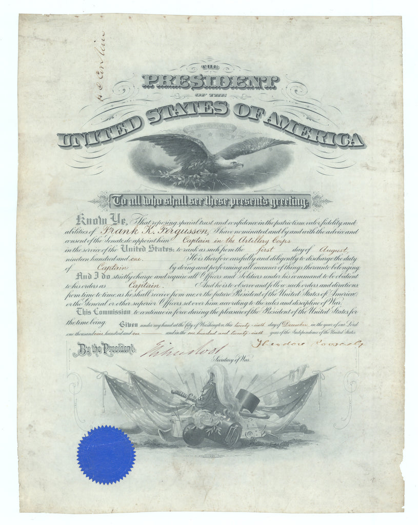 Roosevelt Signed Military Commission: Theodore Roosevelt & Elihu Root, 1901