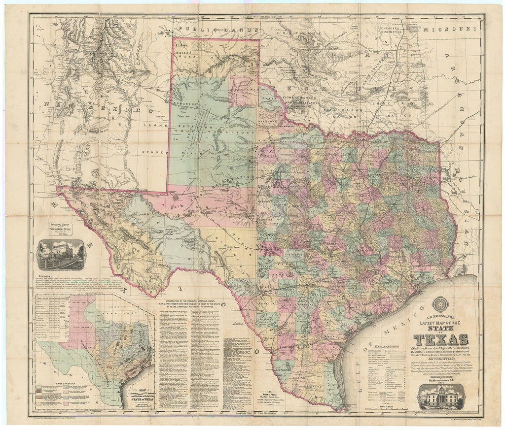 A. R. Roessler's Latest Map of the State of Texas: Roessler, 1874