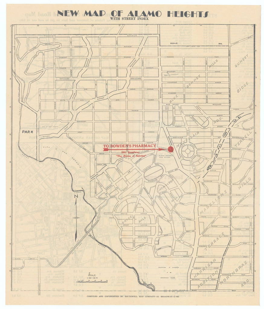 Map of Alamo Heights and San Antonio Business section with Road Map: Southwell Map Company, c.1920