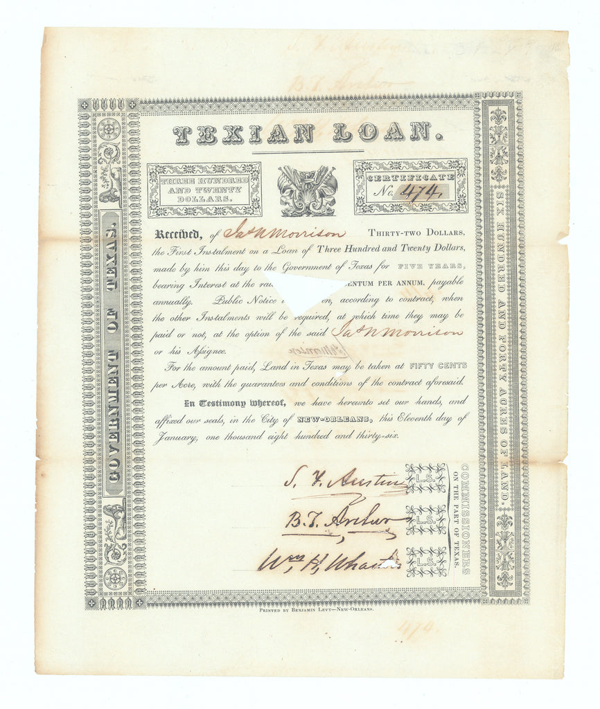 Texian Loan (Signed by Stephen F. Austin): Government of Texas, 1836