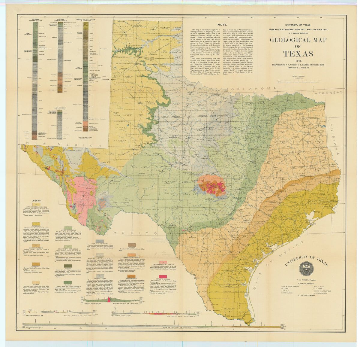 Geological Map of Texas: Udden, 1916 – The Antiquarium Antique Maps ...