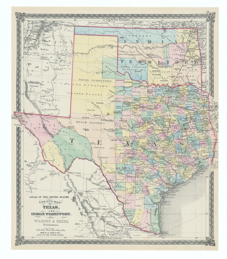 County Map of Texas & Indian Territory: Warner & Beers, c.1875