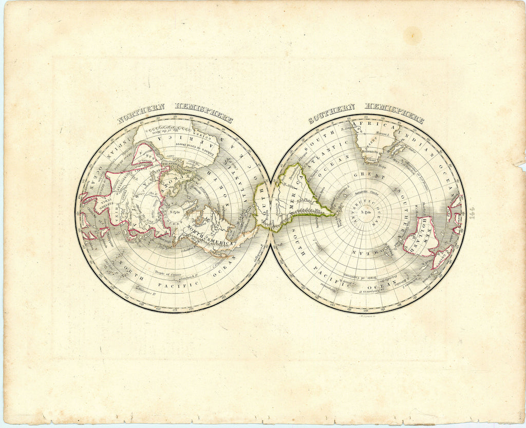 Old map of the northern and southern hemispheres