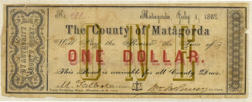 One Dollar: County of Matagorda 1862