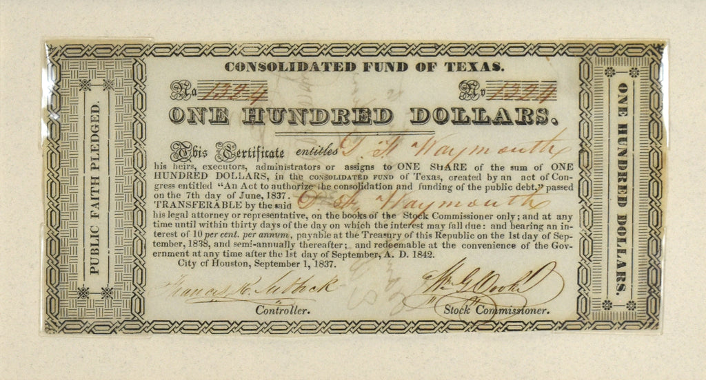 One Hundred Dollars: Consolidated Fund of Texas 1837