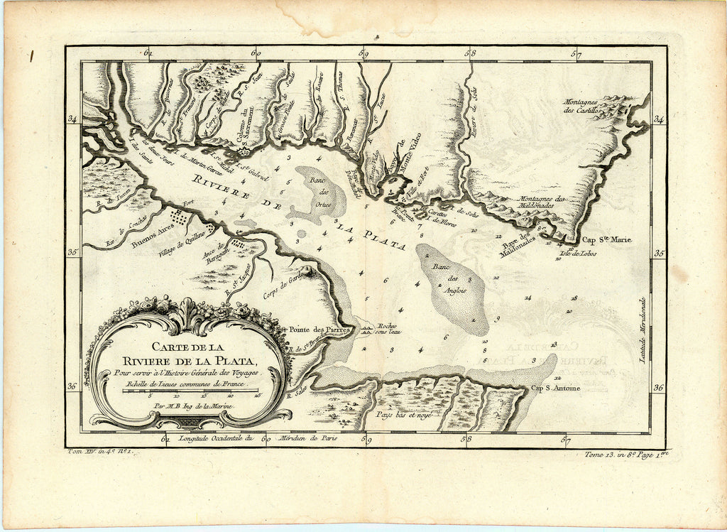 Old map of Río de la Plata between Argentina and Uruguay