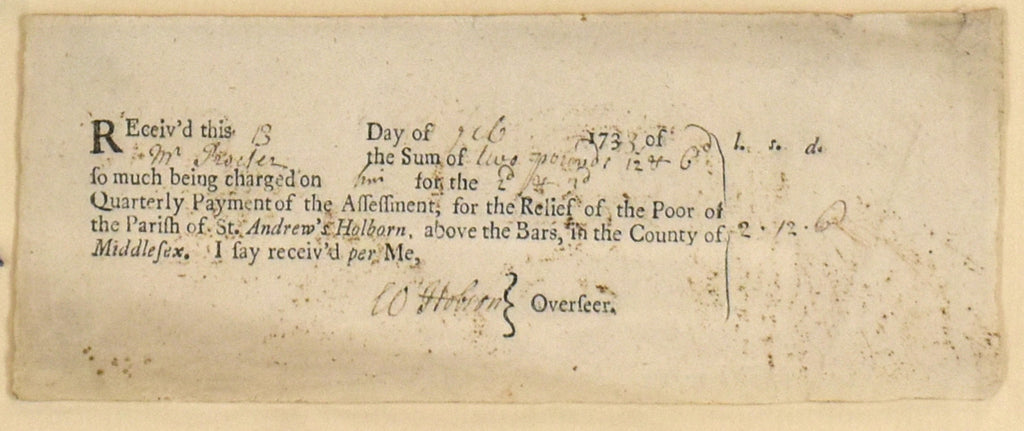 Receipt for Charitable Donation: Original Document 1733