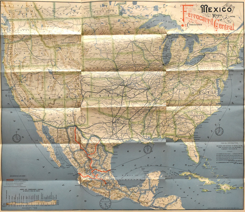 Railroad Map of Mexico and Texas: Mexican Central Railway 1890