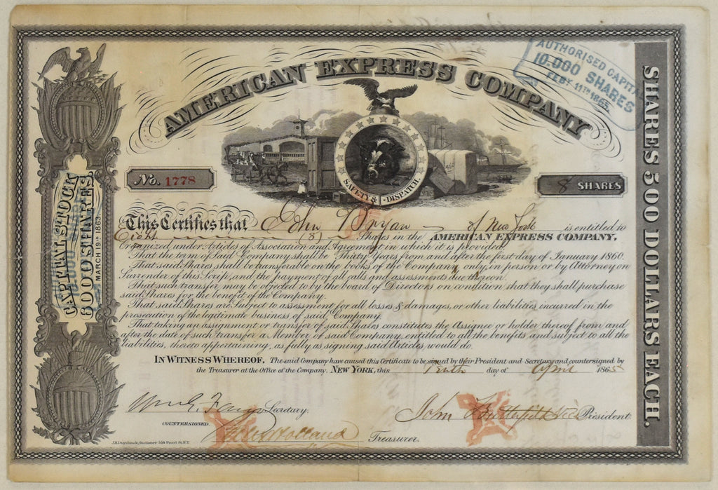 American Express Company Stock Certificate: 1865