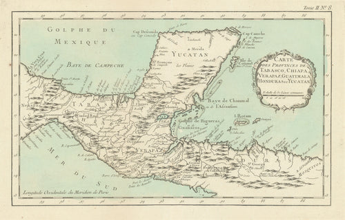 Old map of the Yucatan Peninsula in Mexico