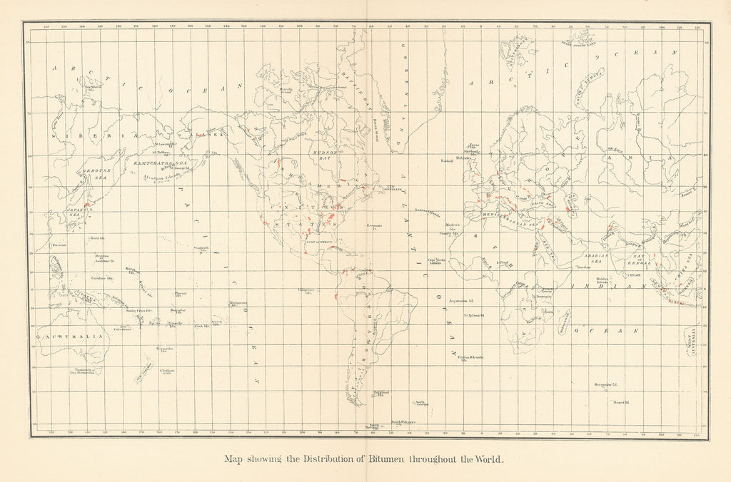 Old map of the world showing bitumen deposits