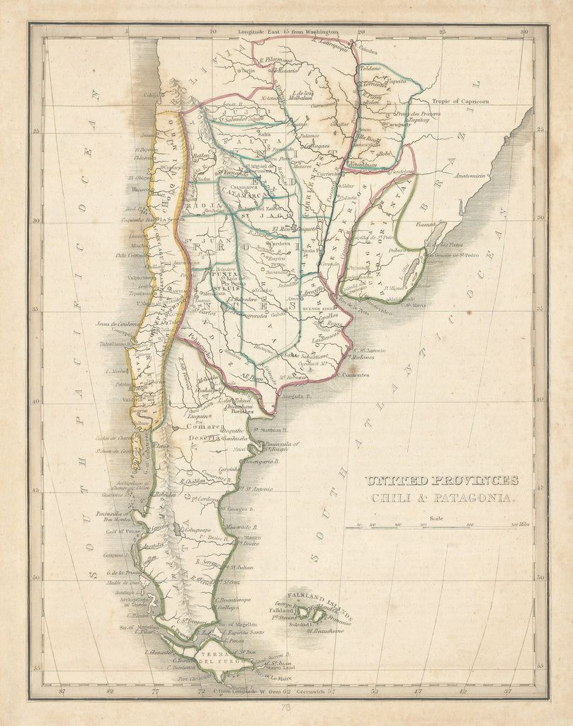 Old map of Chile, Argentina, Paraguay, Uruguay, Bolivia, and Brazil