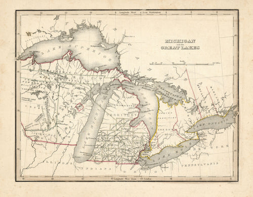 Old map of Michigan and the Great Lakes