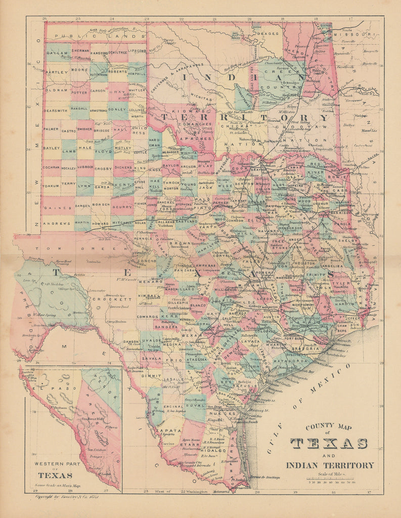 County Map of Texas and Indian Territory: Bradley & Co., 1881