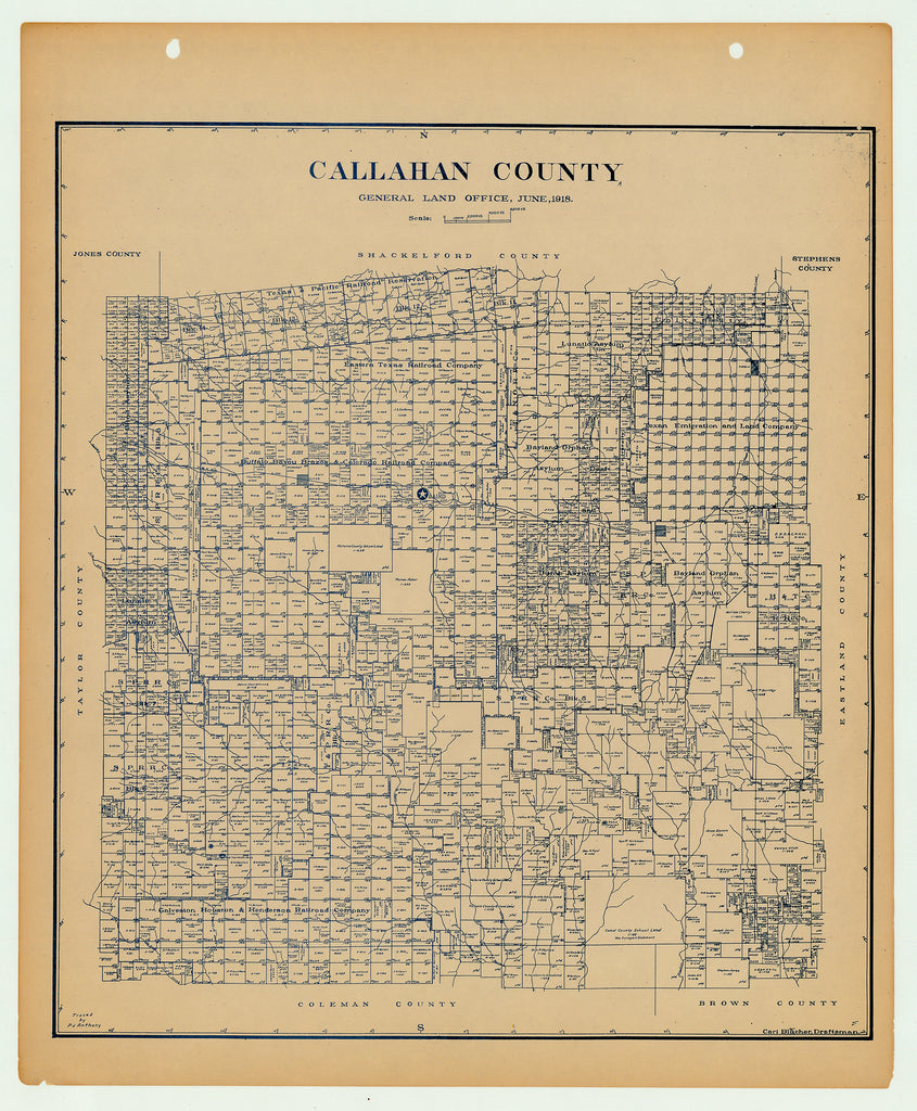 This map of Callahan County shows the county seat of Baird. Also shown are the surrounding Shackleford, Stephens, Eastland, Brown, Coleman, Taylor, and Jones counties.  Survey date – 1918  Condition Notes:  Uniform age toning, a bit darker along edges, paper somewhat fragile, original binding holes present. Minimal marginal chipping