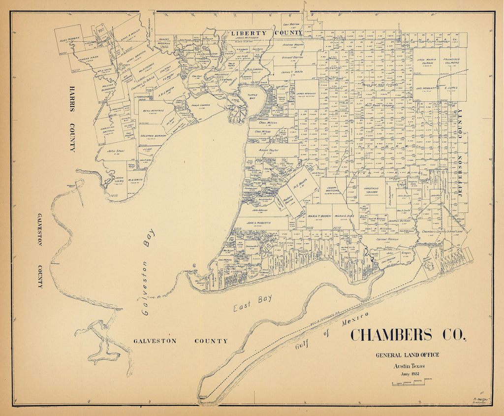 ﻿Antique map of Chambers County by the Texas General Land Office in Austin, Texas. Features East Bay, Galveston Bay, the Bolivar Peninsula, and part of Galveston Island. Adjacent counties include Galveston, Harris, Liberty, and Jefferson.