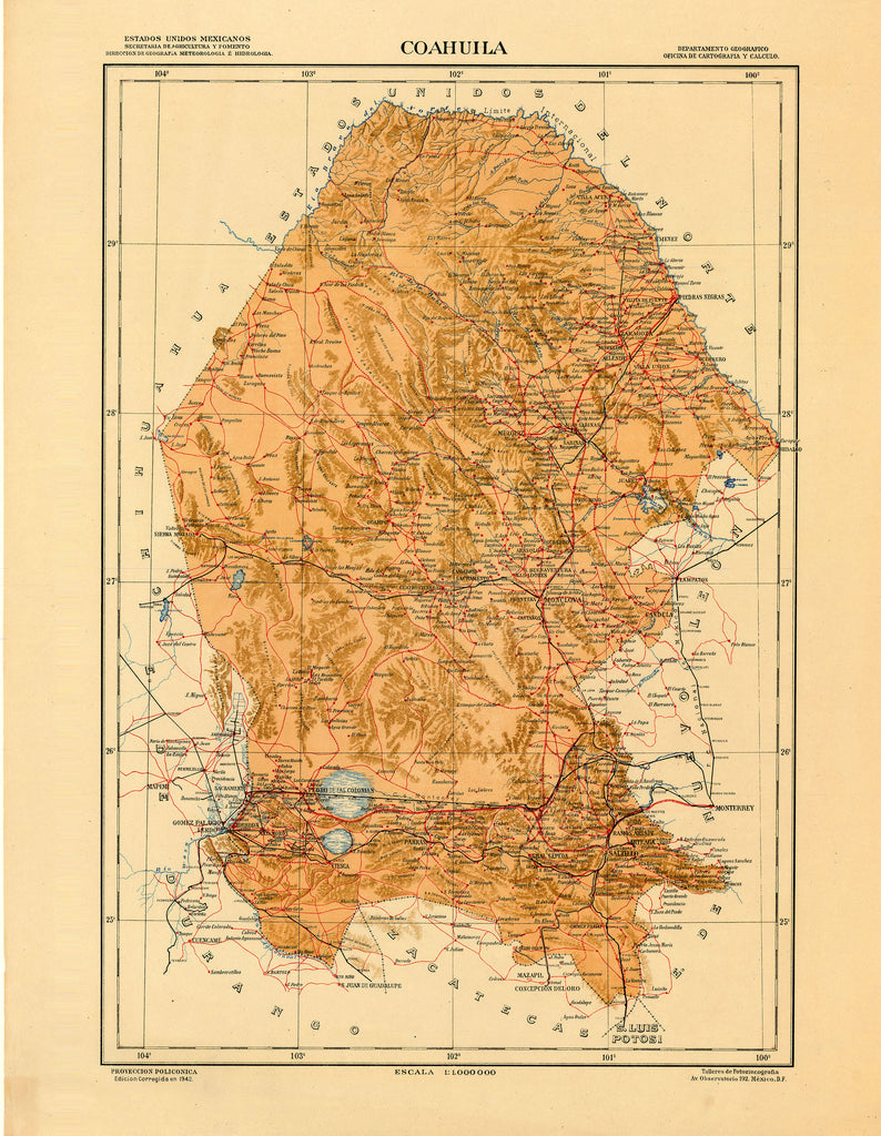 Old map of Coahuila, Mexico