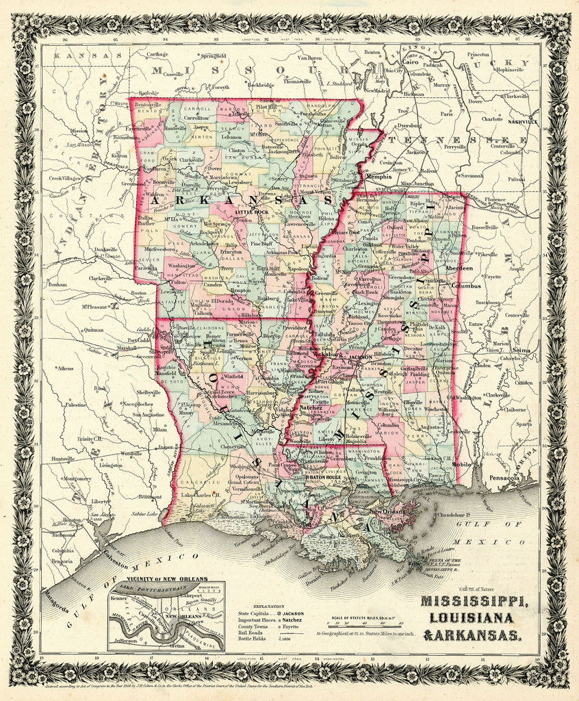 Old map of Louisiana, Arkansas, and Mississippi