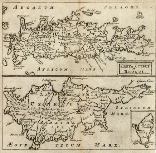 Old map of Cyprus, Rhodes, and Crete
