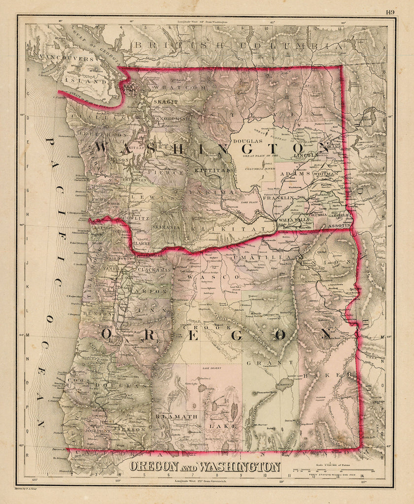 Old map of Washington and Oregon
