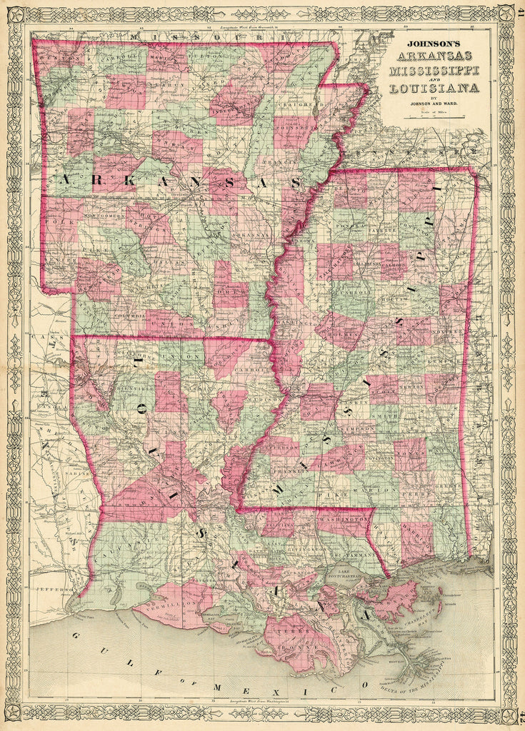 Old map of Arkansas, Mississippi, and Louisiana