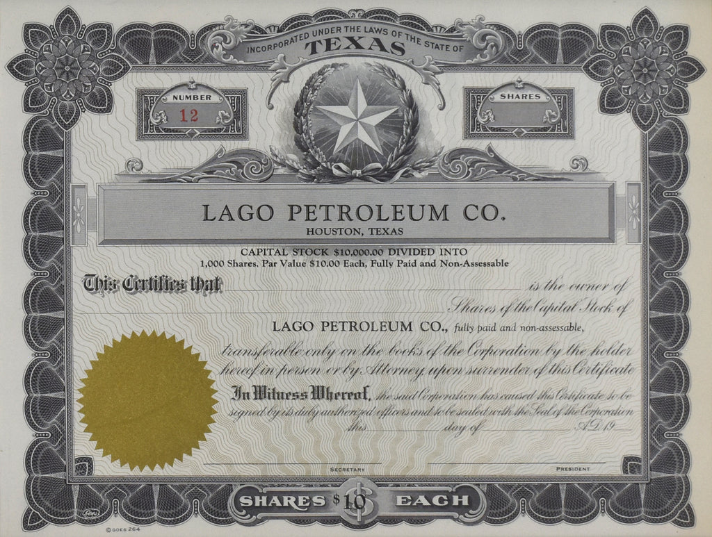 Lago Petroleum Company Stock Certificate: 1923