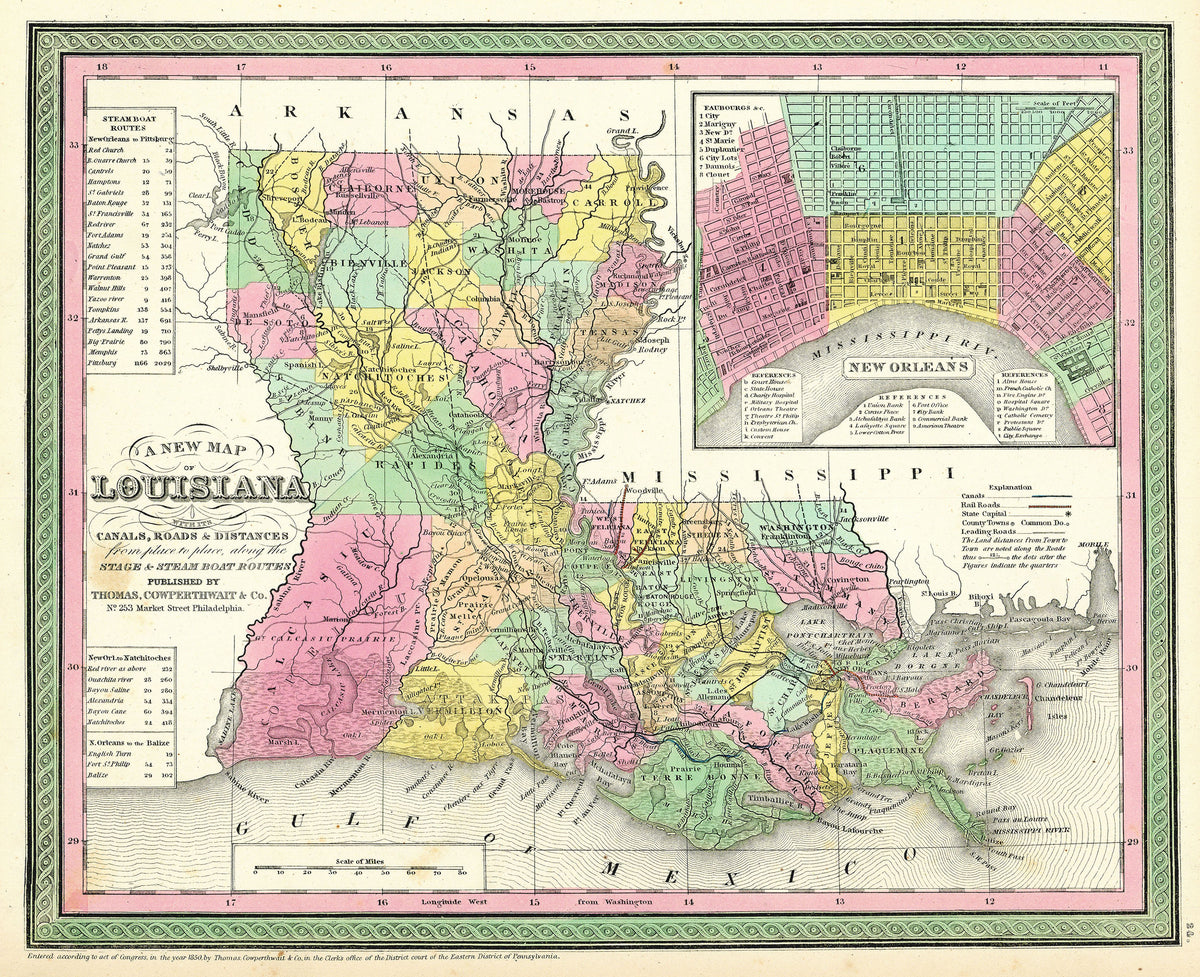 A New Map of Louisiana: Thomas, Cowperthwait & Co. 1850 – The ...