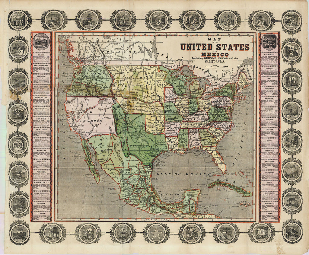 Old map of the United States and Mexico