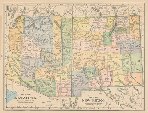 Old map of Arizona and New Mexico