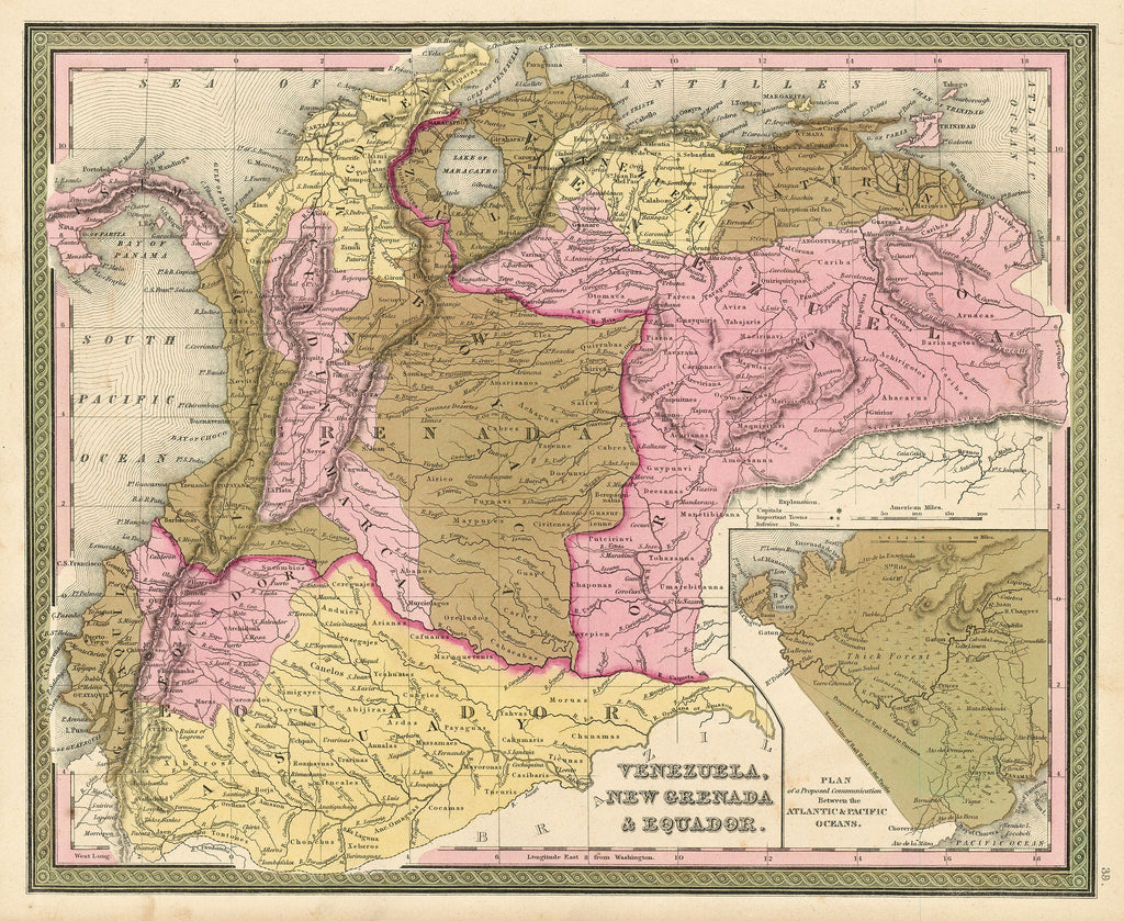 Old map of Venezuela, Columbia, and Ecuador