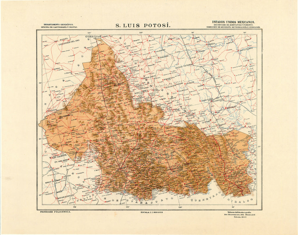 Old map of San Luis Potosí, Mexico