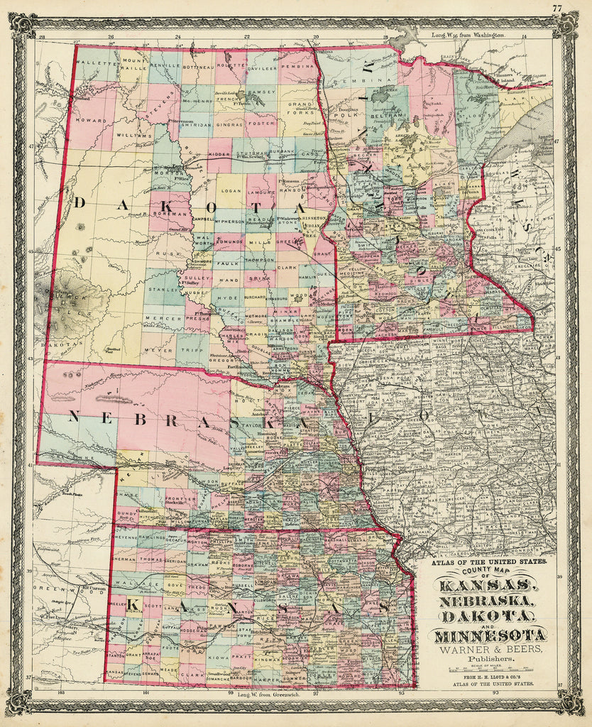Old map of Kansas, Nebraska, Dakota Territory, and Minnesota