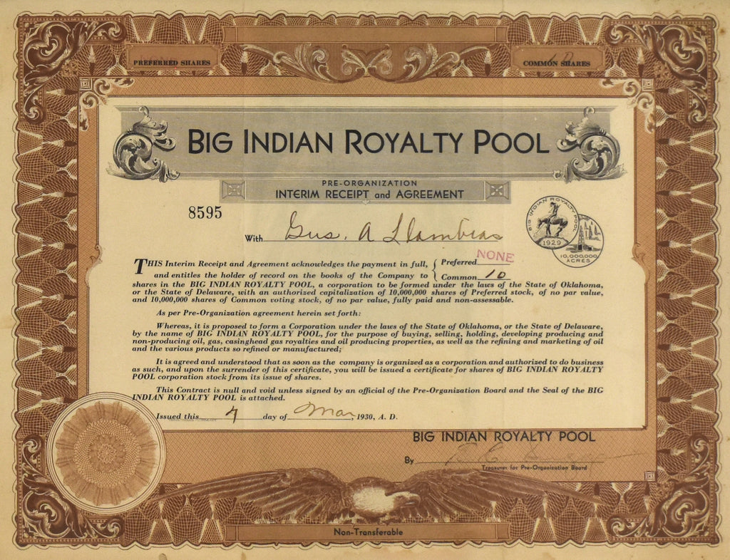 Big Indian Royalty Pool Stock Certificate: 1930