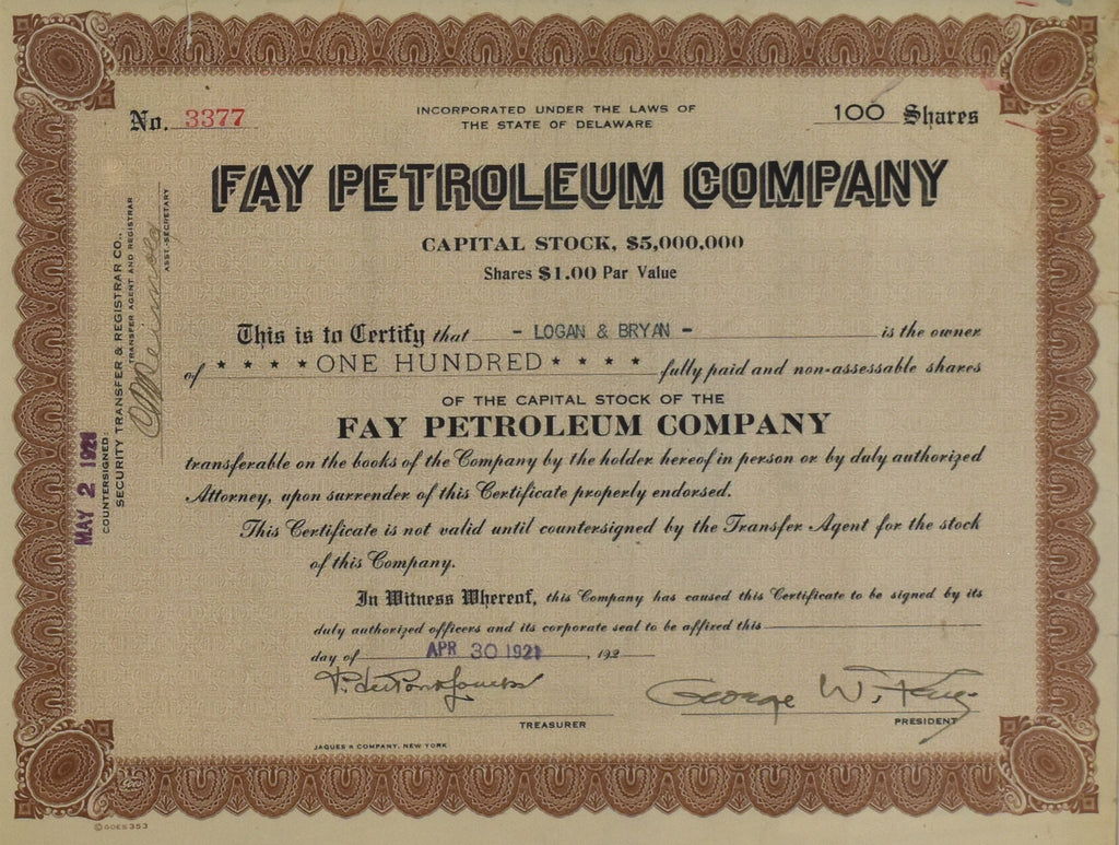 Fay Petroleum Company Stock Certificate: 1921