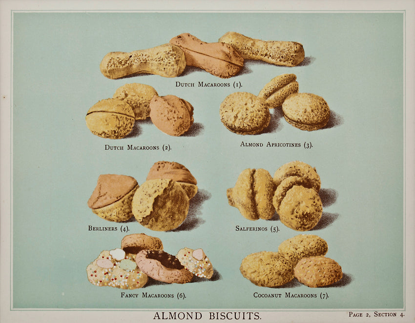 Old print of almond cookies and macarons