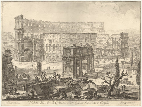 Old print of the Arch of Constantine and the Colosseum